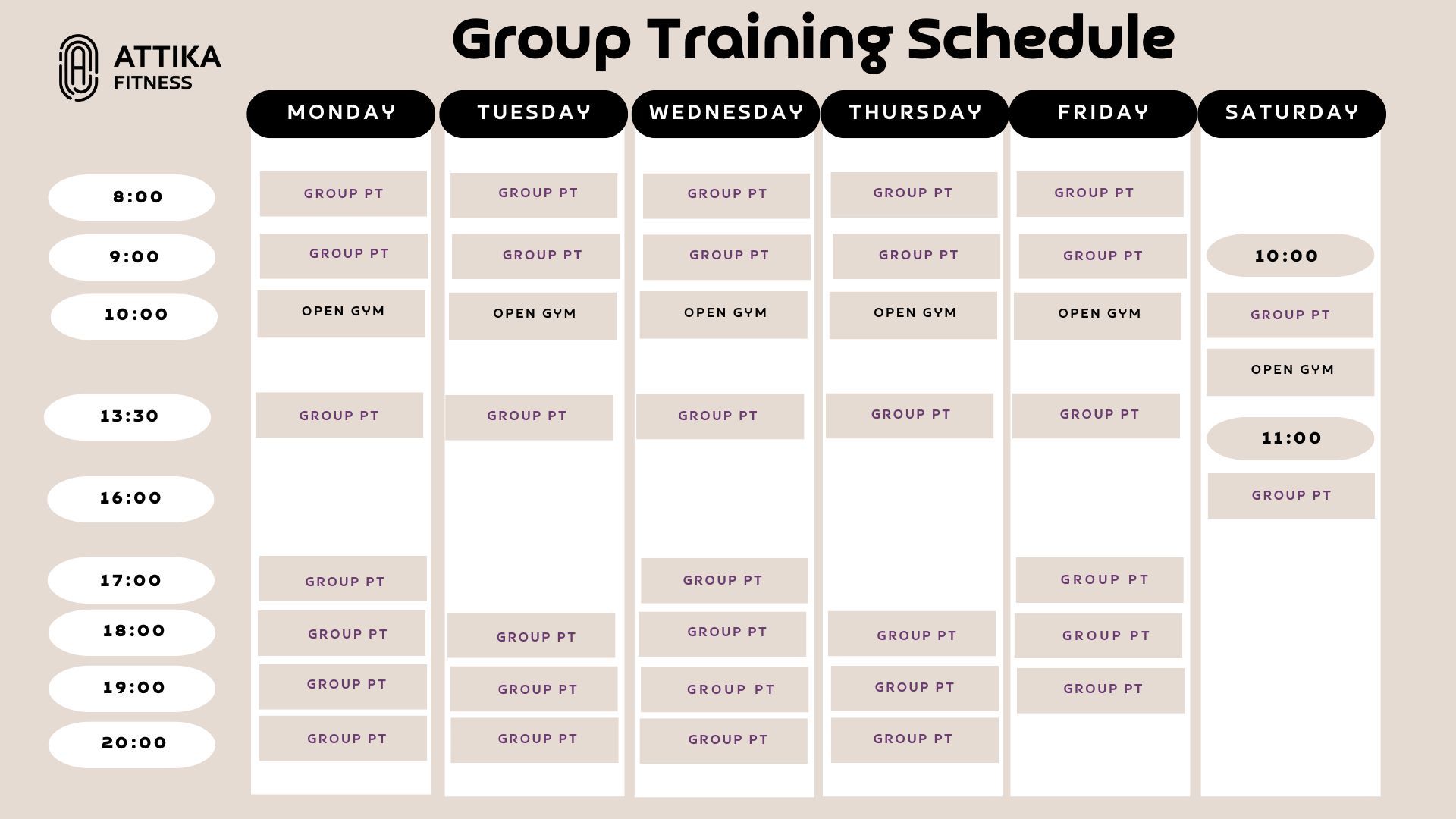 Group Personal Training Timetable