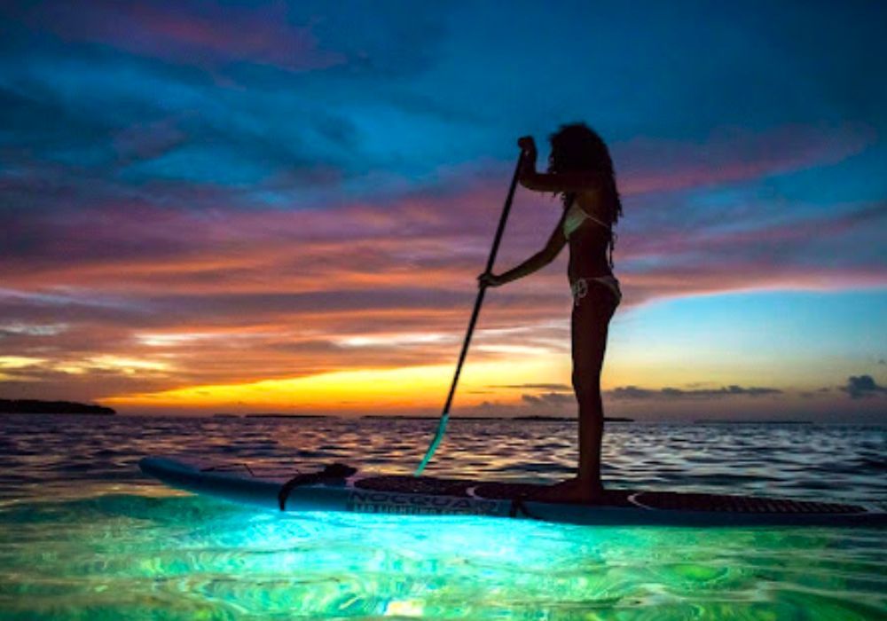 girl paddle surfing at night