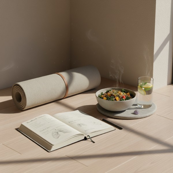 Healthy food placed in the floor of a yoga studio